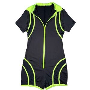 Black Short-Sleeve Romper with Neon Lime Trim